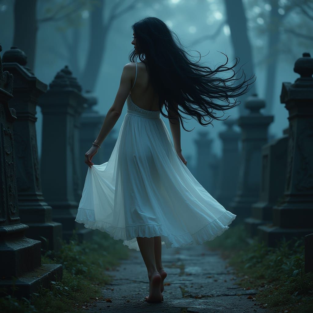 petite woman with long cascading black hair and bright blue eyes wearing a spaghetti strap sundress dancing barefoot in a gothic graveyard a...
