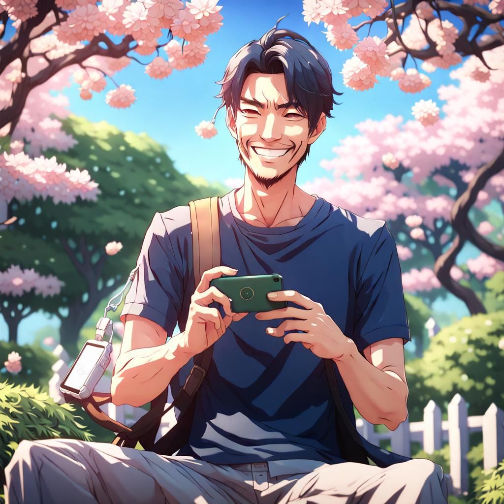 Young, handsome oriental man in a garden holding a cell phone and smiling By artist "anime", 3d anime art, inspired by W...