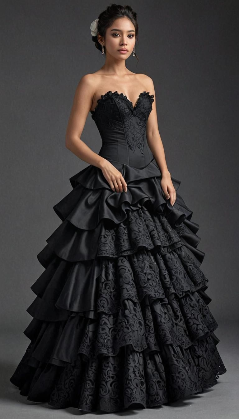 A mexican young woman wearing a long dress with a hearthshaped neckline. She has long black a bit curly hair. The whole top front part of th...