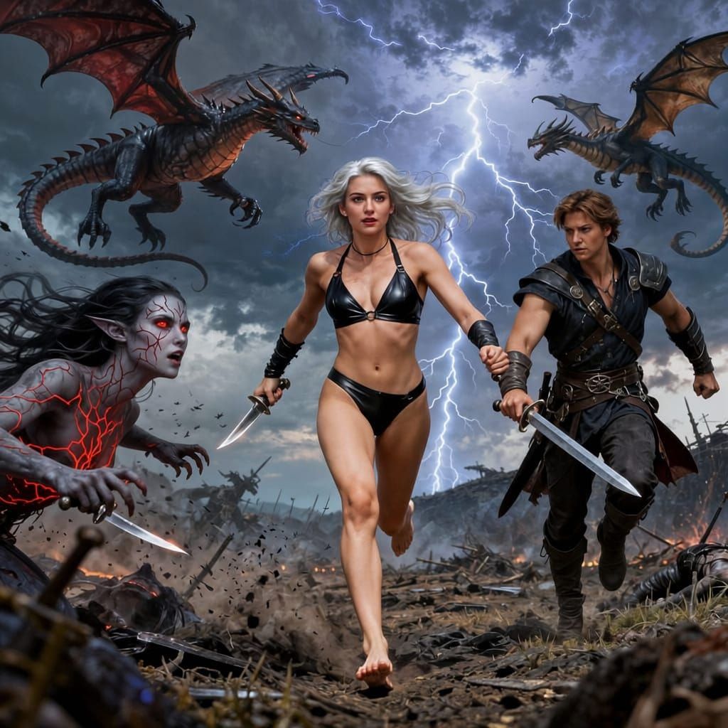 Violet Sorrengaille in a black leather two-piece piece bikini with bare legs and bare feet, daggers in each hand, runs on the battlefield be...