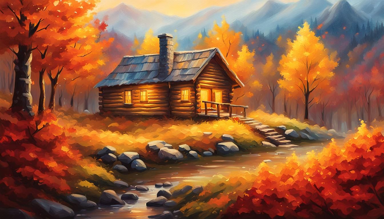 Cozy Cabin in Autumn Mist: Fauvist Oil Painting