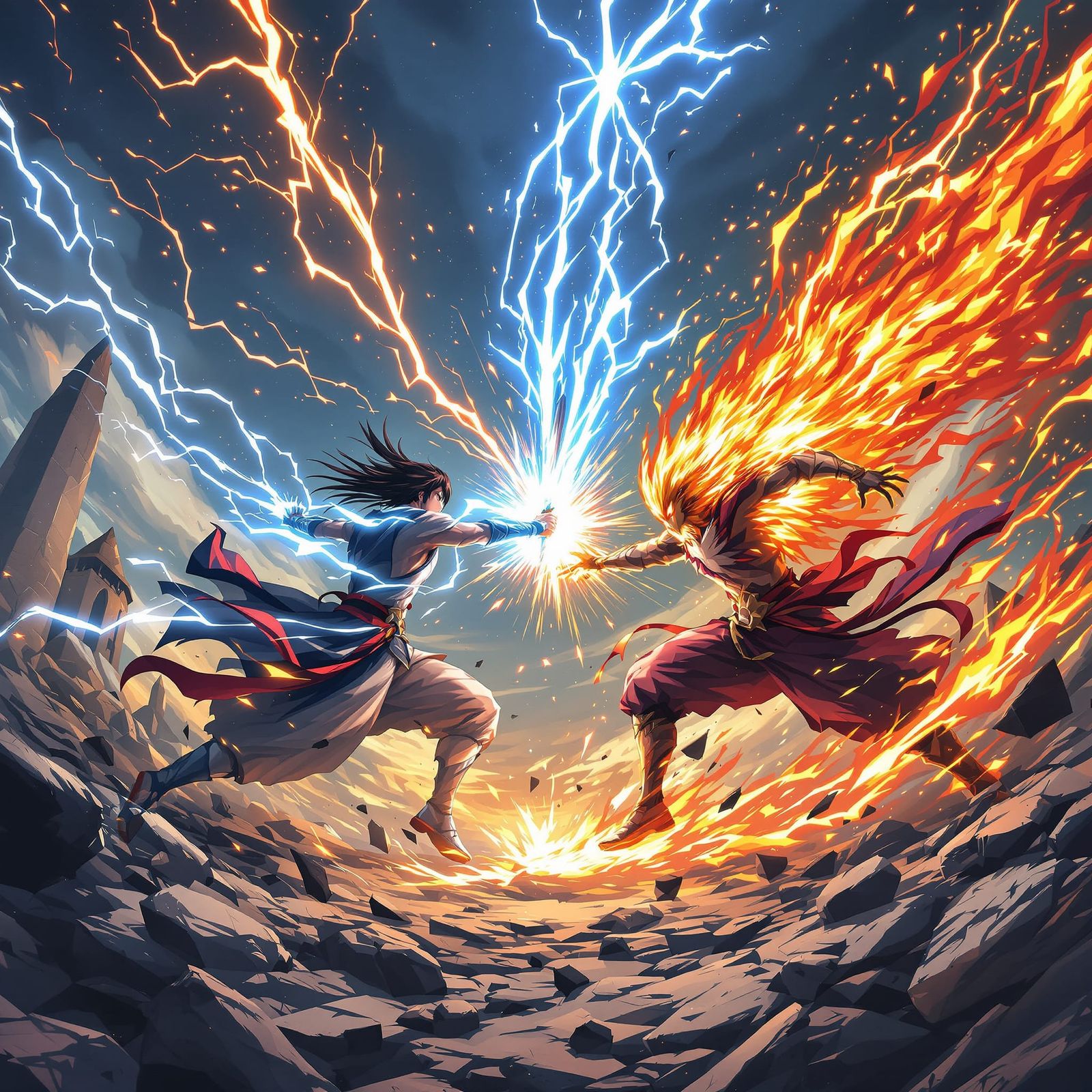 An epic anime battle scene in a shattered sky battlefield, two rivals locked in a dramatic face-off. ...  by @Rohan