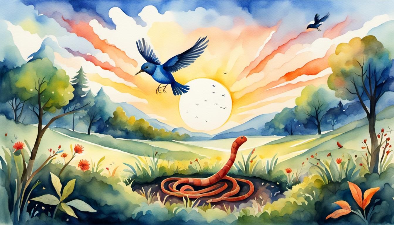 A bird catches an earthworm and flies away towards the risin...