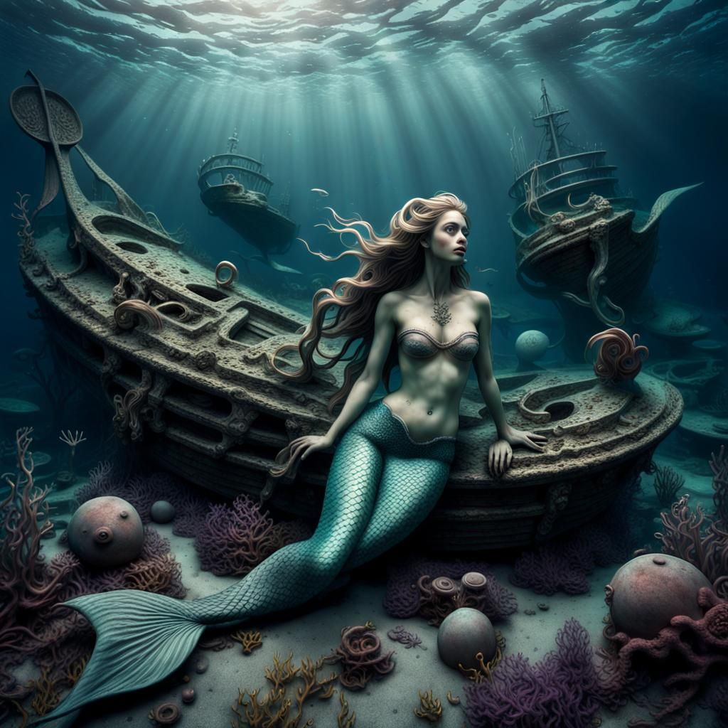 Mermaid in sunken vessel