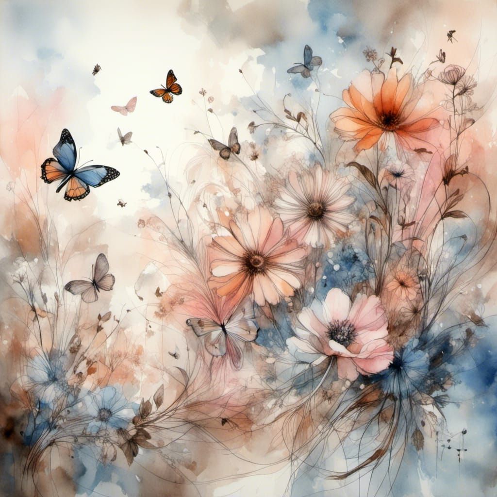 Dream wash, watercolor, <lora:DreamWash:1.0>  Wildflowers,  ...
