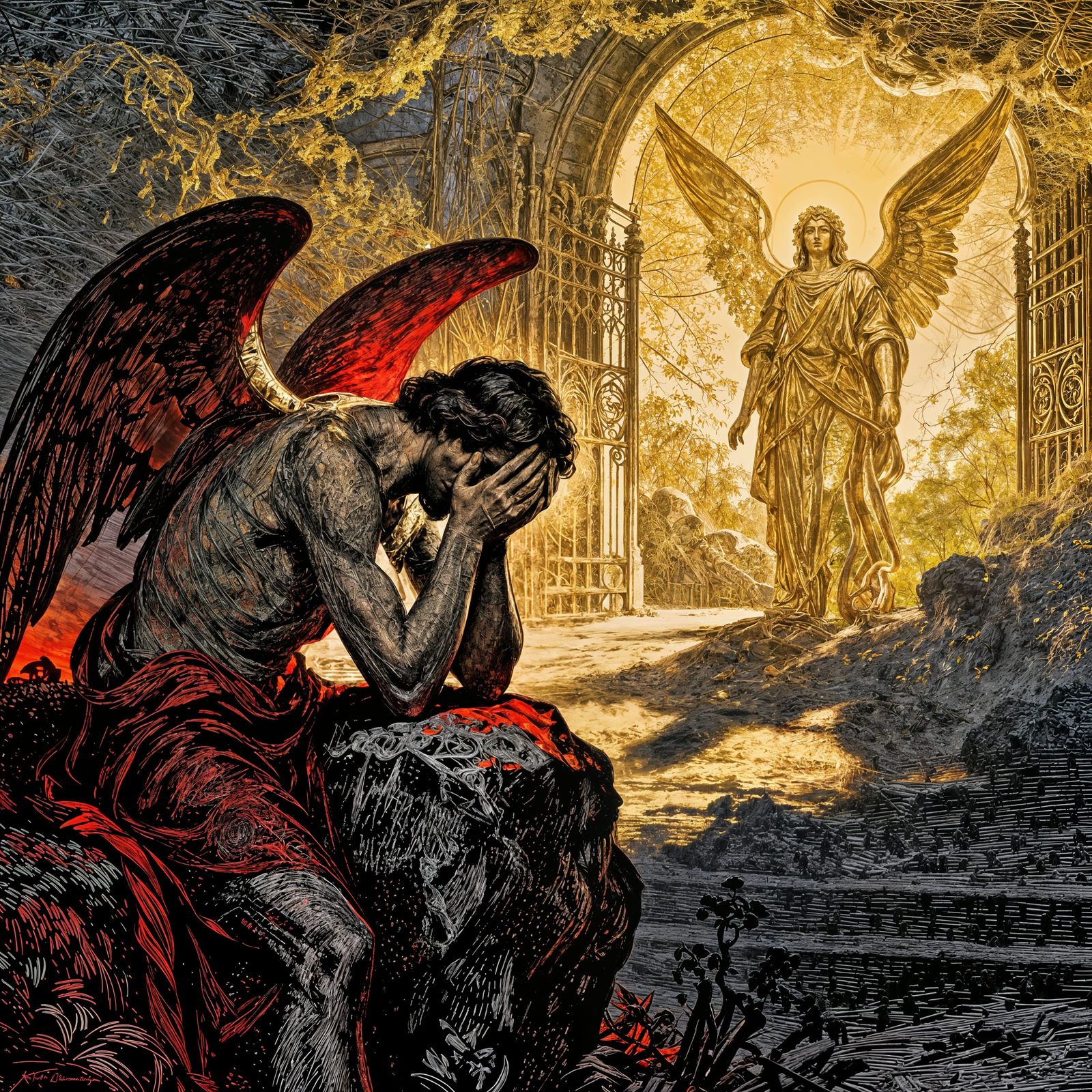 Fallen Angel and Archangel Michael in Gustave Doré Style