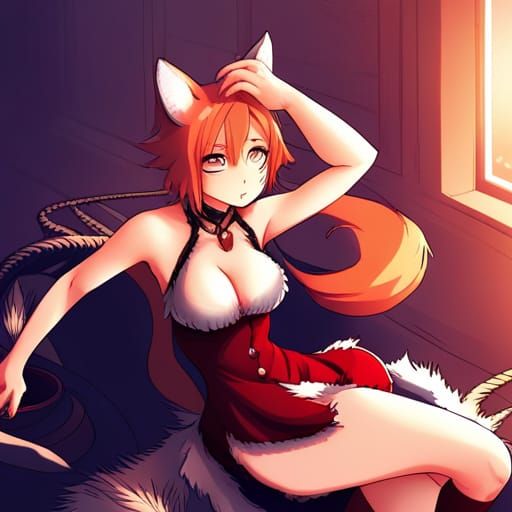 ginger woman with big chest, fox ears and foxtail