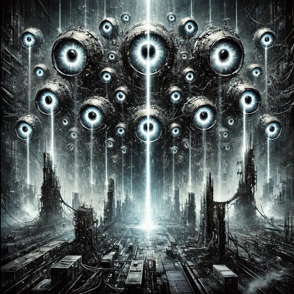 death album cover - Living in the pupil of 1,000 eyes Age of advanced observeillance A worldwide, foolproof cage