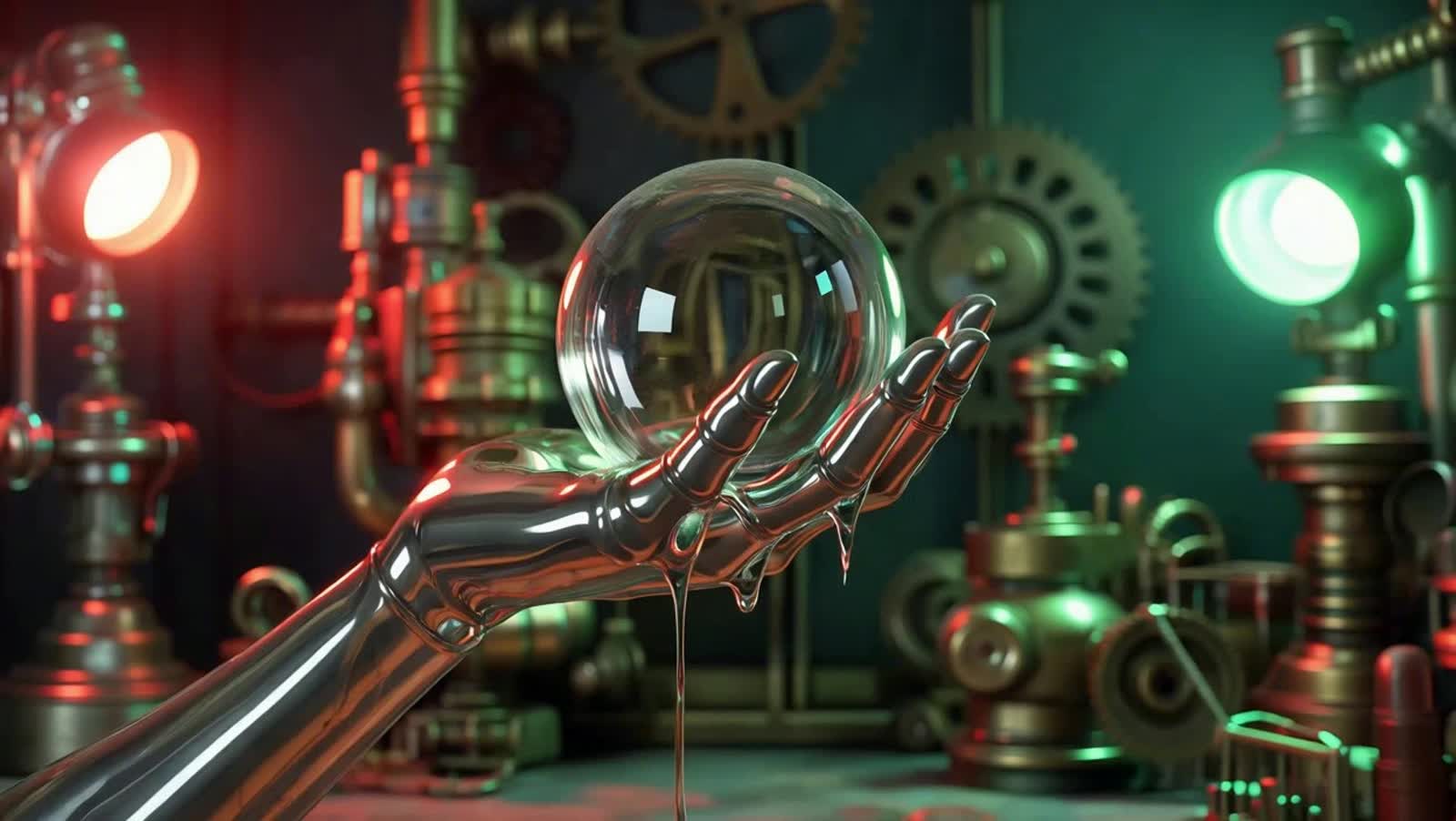 A hand made of liquid holds a glass sphere in its palm. The hand and sphere are illuminated by vivid, red and green ligh...