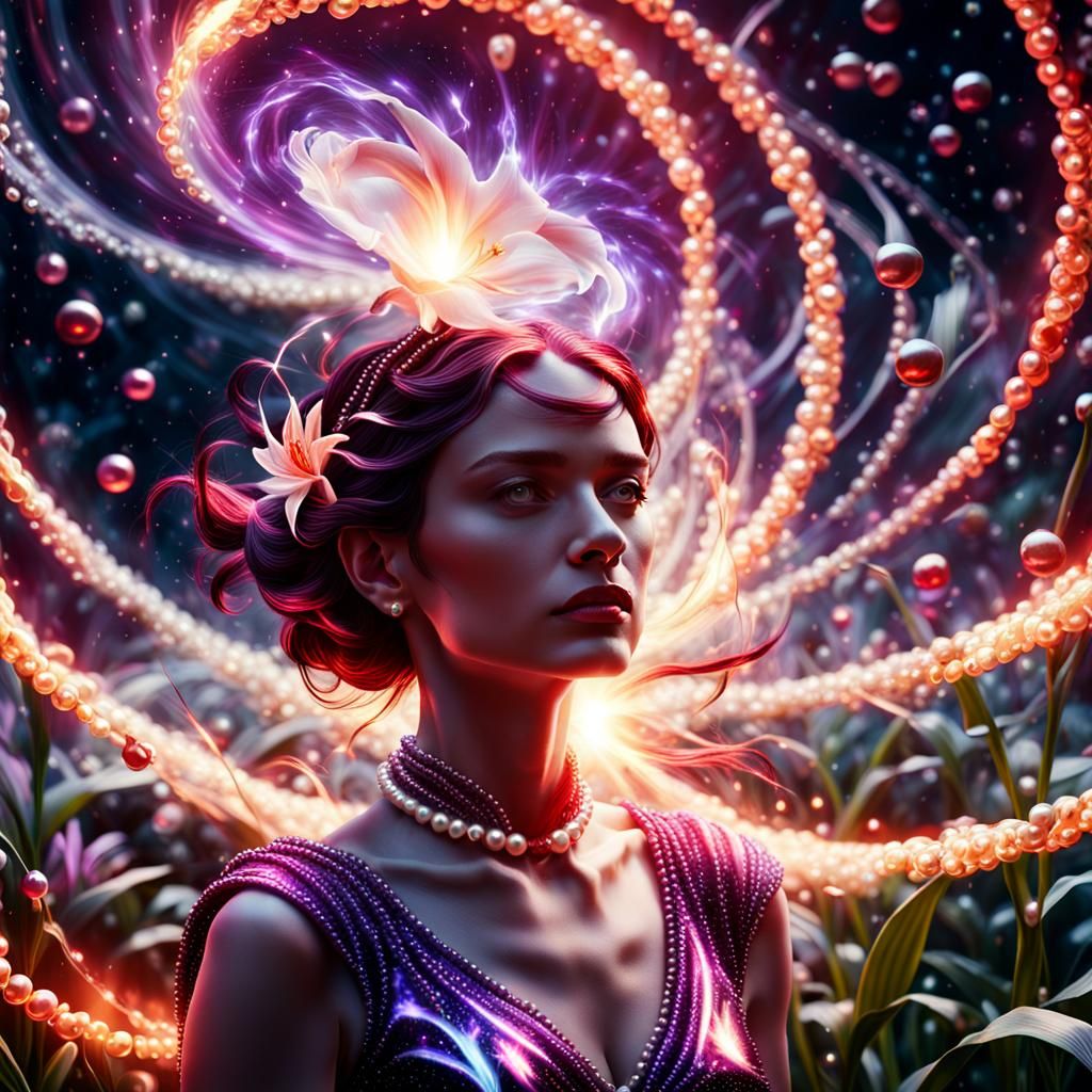 Woman in pearls A galactic vortex with thousands of red, sil...