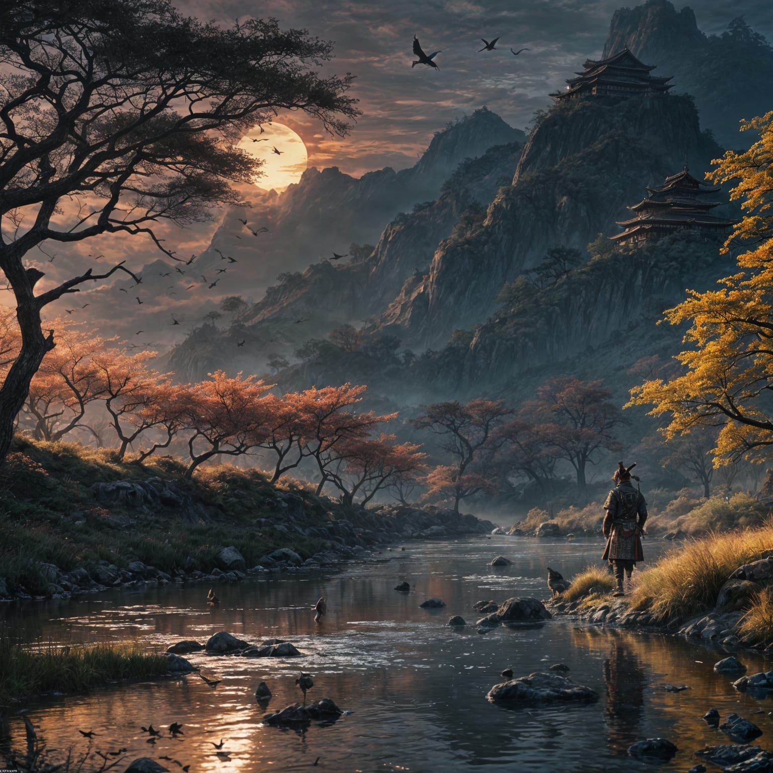 A lone samurai walking in at dusk next to a river, the setting sun bathing the samurai, a flock of birds ...  by @Skullhammer