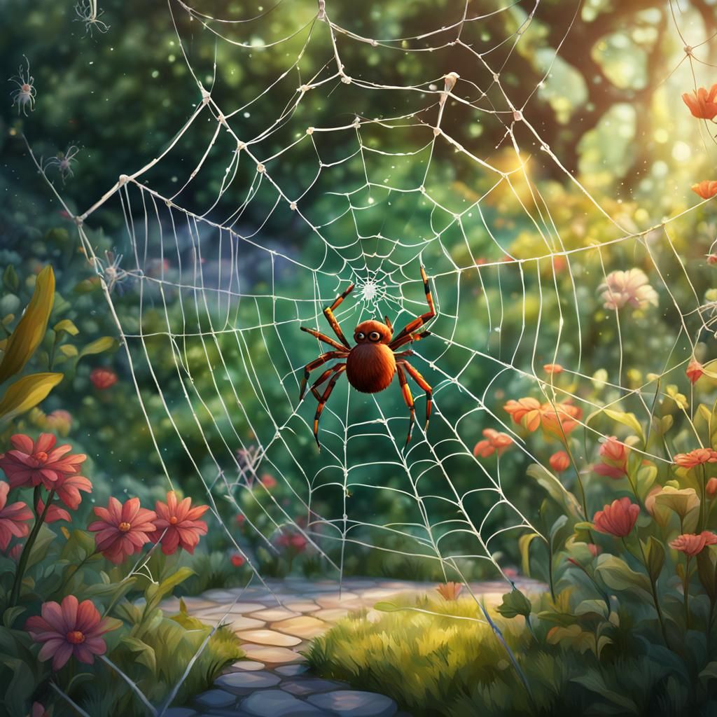 A spider walking on spider's web ,in a garden,cartoon, water...