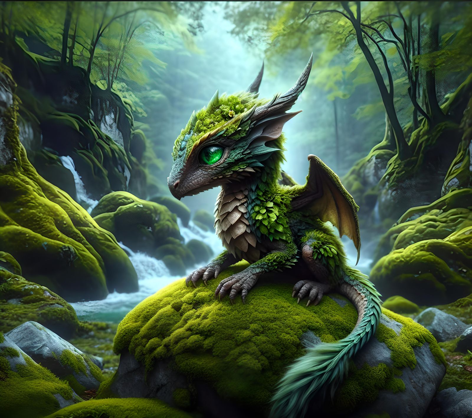 A portret small green dragon sitting on a moss-covered stone in the forest  by @Alvija