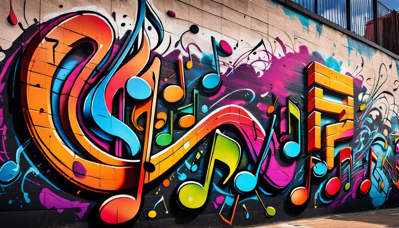 graffiti, wall mural, music notes, intricate details, HDR, beautifully