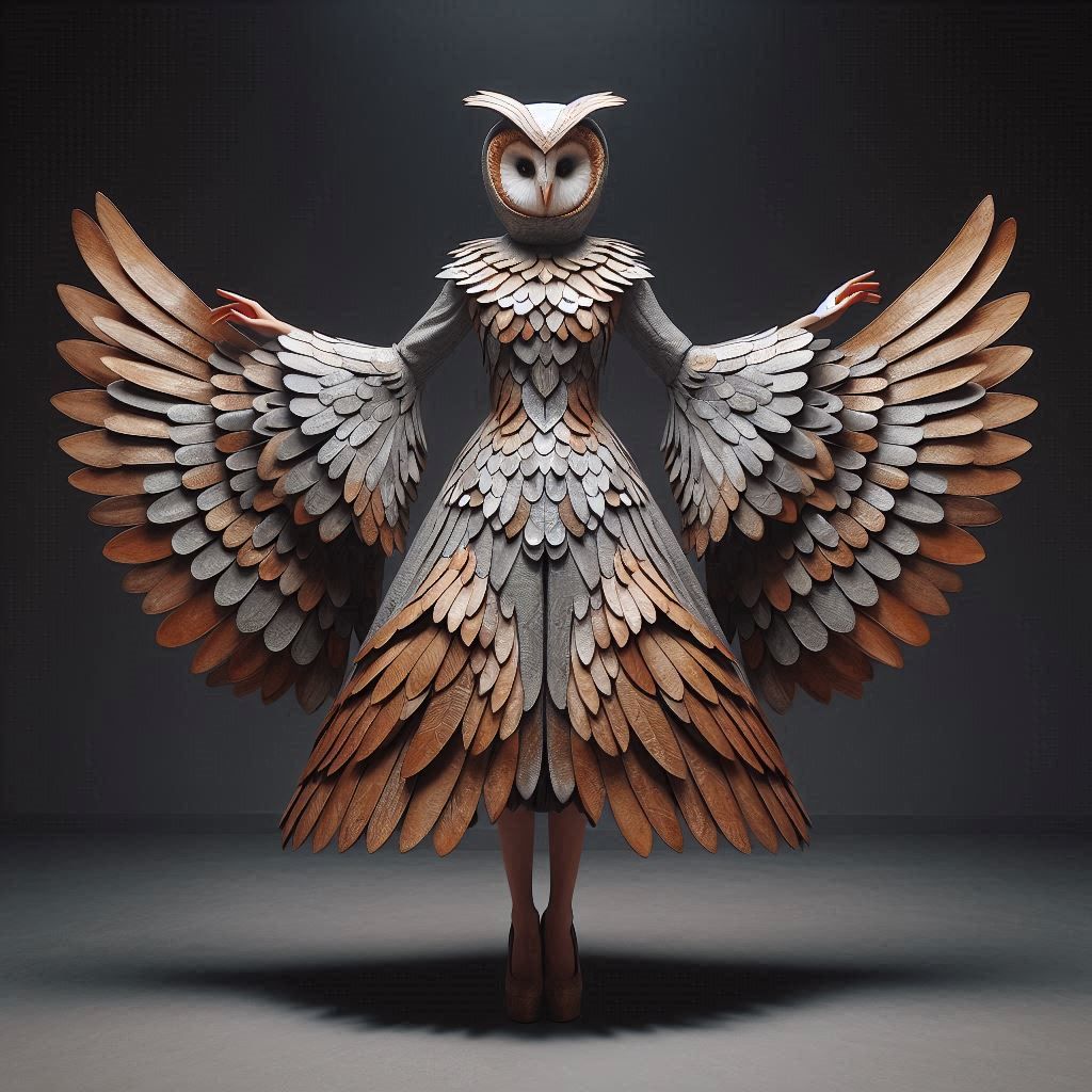 model in a dress designed to look like an owl with spread wings (dress sleeves)