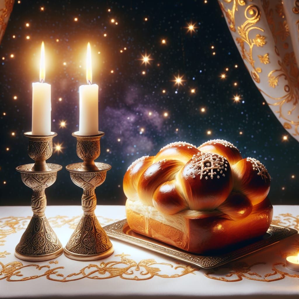 Illuminated Sabbath Candles and Challah Bread