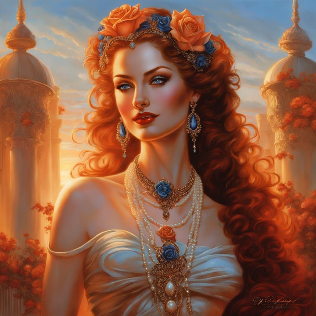 In the soft sunset light stands a gorgeous goddess draped in transparent flowing silk with pearls cascading down her shoulders, a three stra...