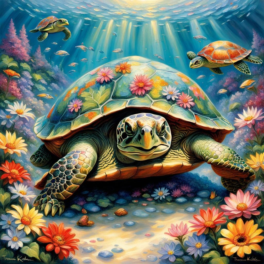 A turtle with lots of flowers growing out of her shell Thomas Kinkade ...