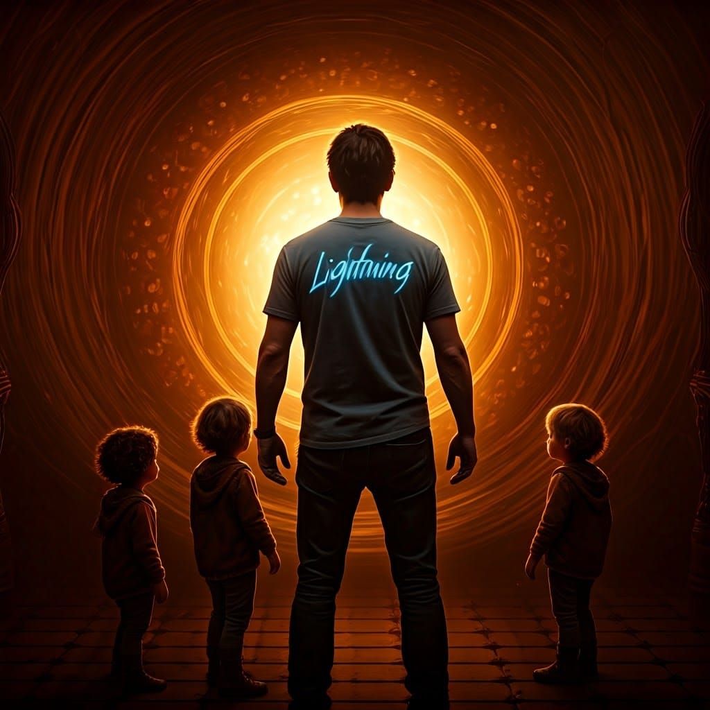 Father with Lightning Shirt Surrounded by Children in a Myst...