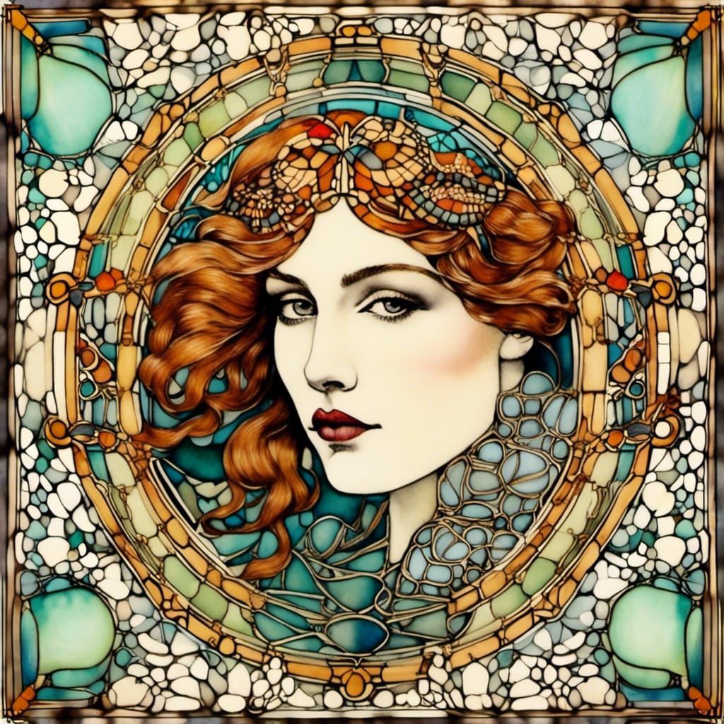 Whimsical, loose, free flowing water, pre-raphaelitism, colour, photographic facial features surrounded by decorative keylies, alcohol ink w...