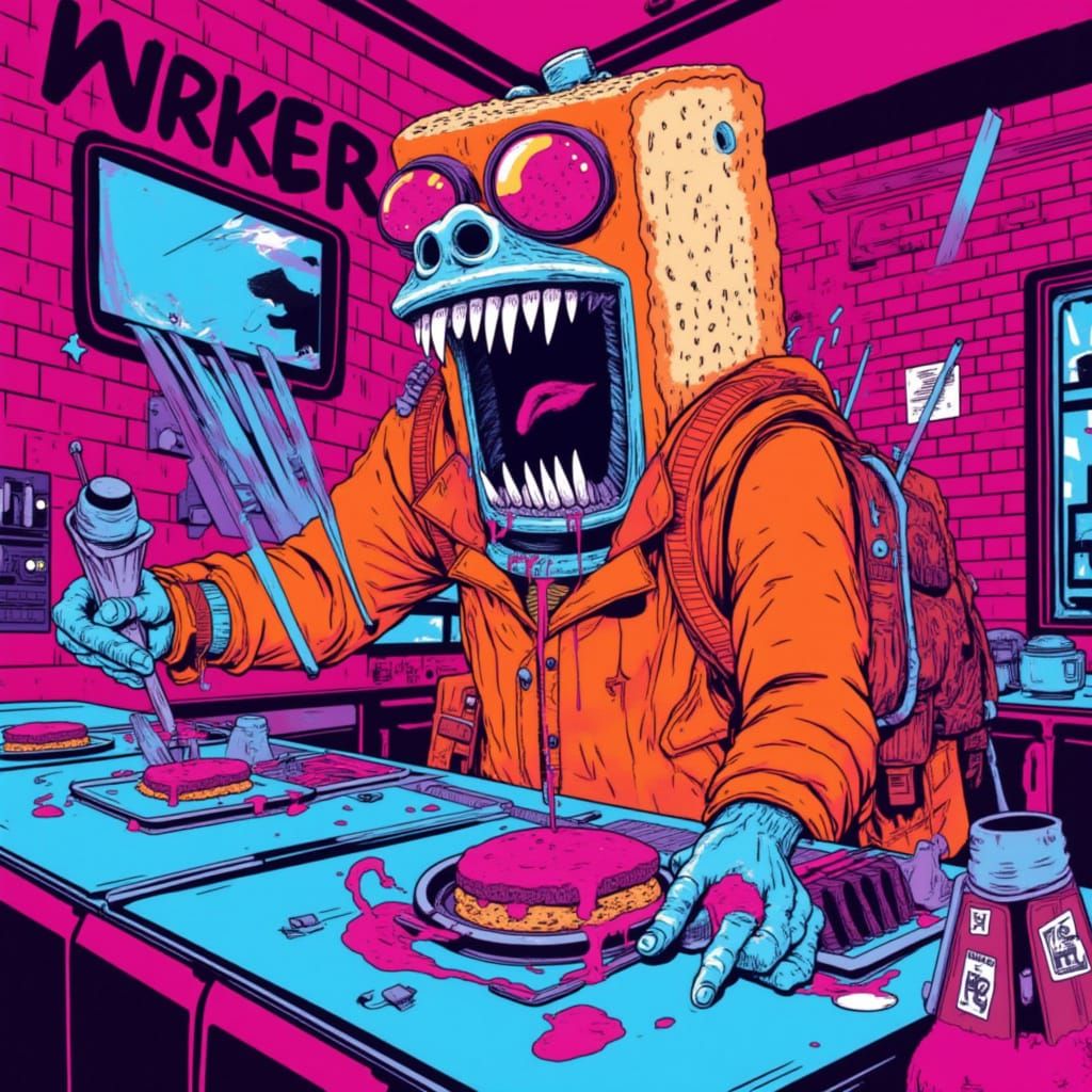<lora:Pasta Chef Llama:1.0>  Utopian Toaster Monster wreaking havoc in a 1960s pulp horror movie scene, with vibrant, bold colors, B-movie a...