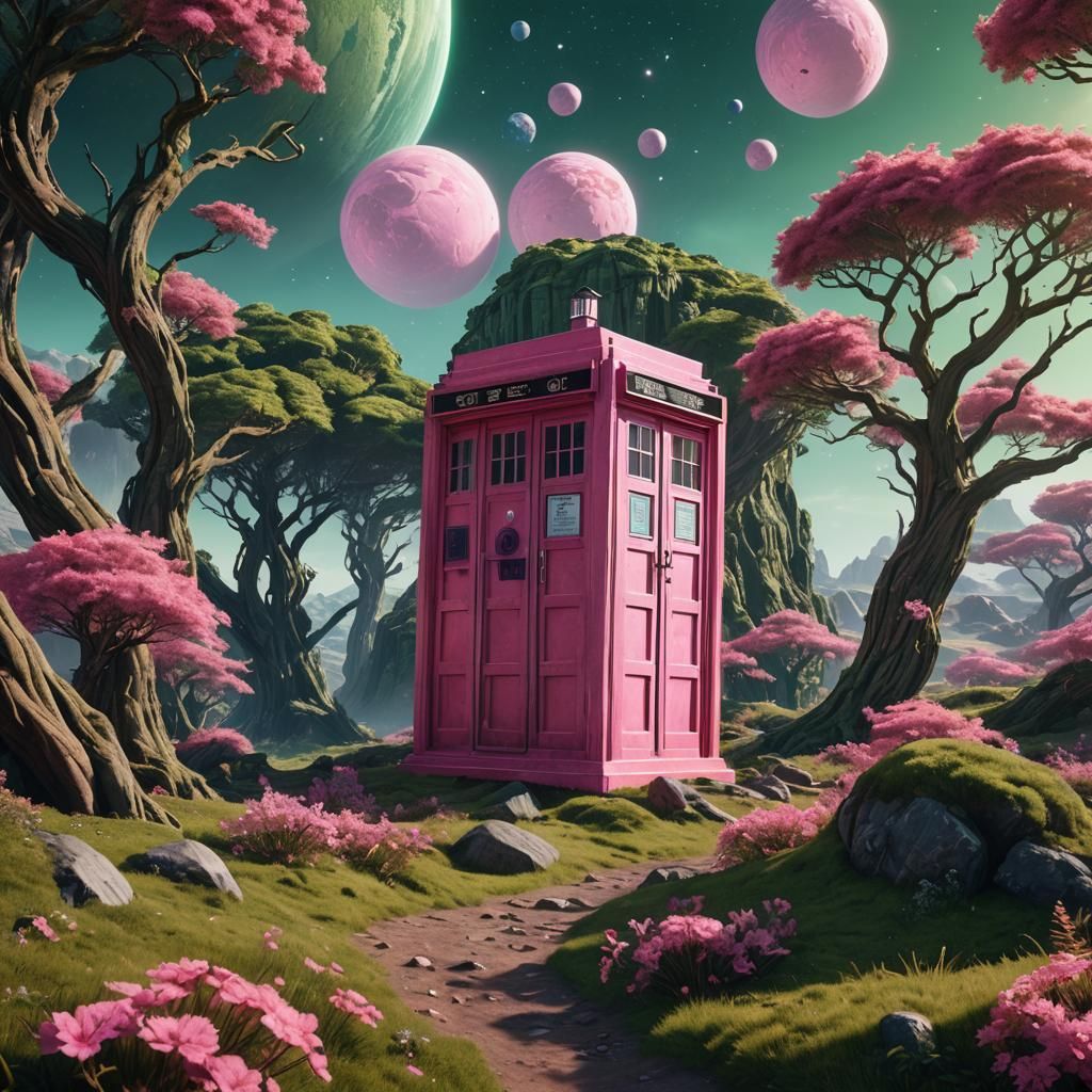 A pink TARDIS on a green planet - AI Generated Artwork - NightCafe Creator