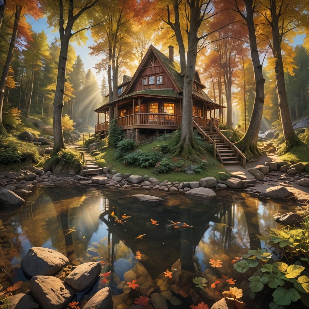 Baumhaus mitten im See Thomas Kinkade warm colors romanticis...