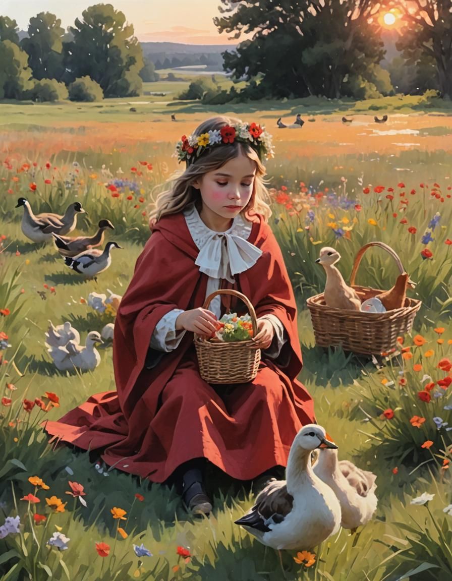 Small girl in a red cloak and flower crown sitting in a field with a picnic basket and wildflowers
There ...  by @undefined