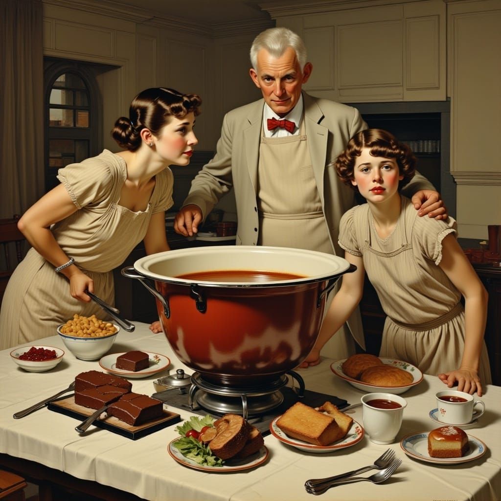 <lora:Norman Mockwell:1.0>
original 1926 painting of a 1926 Chocolate Fondue by Norman Rockwell, breath-taking, beautiful, painting, norman...