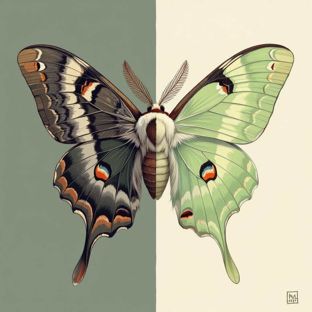 Half of a death moth on the left side and half of a Luna moth on the right side 