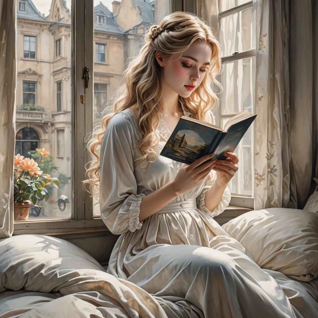A stunning porcelain-like young girl 

reading on her bed be...
