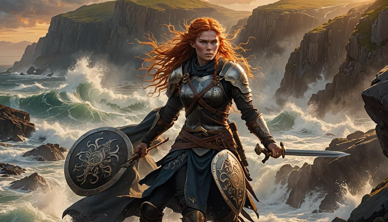 A fierce shieldmaiden stands resolutely on a rugged cliff, her fiery hair flowing in the wind. She grips ...  by @Wolfspirit