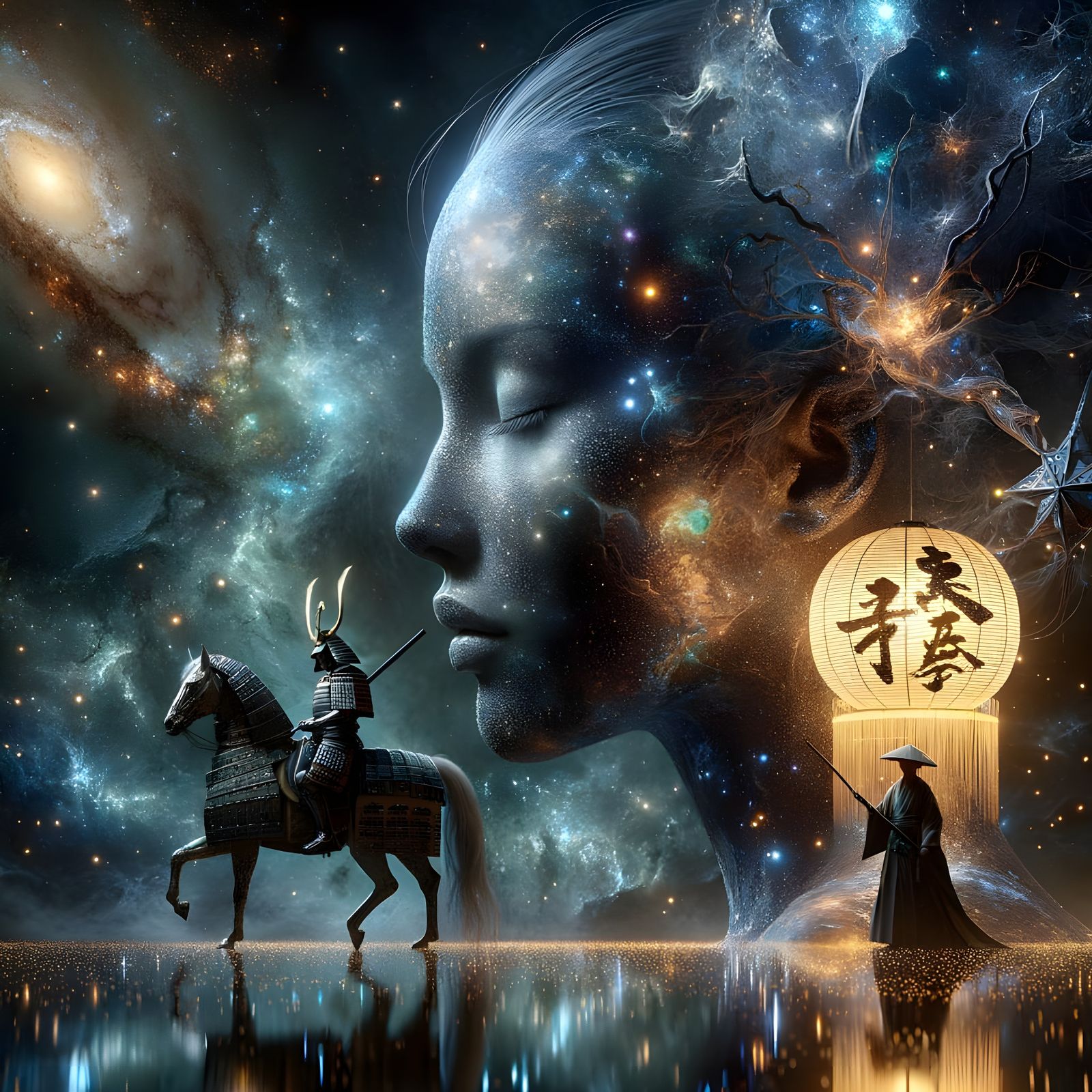 A surreal, photorealistic cosmic scene featuring the close-up profile of a meditating Japanese female ...  by @undefined