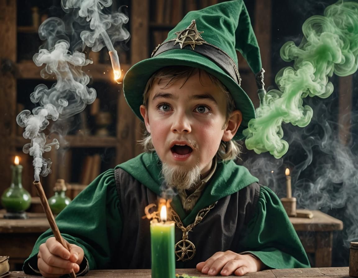 Close up of a wizard child with a grey unkept beard, in class as a young wizard,  wizard style cap and wand, chemistry class where a green p...