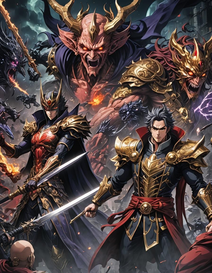 Anime Villain Showdown, intricate details, HDR, beautifully shot, hyperrealistic, sharp focus, 64 megapixels, ...  by @Lennis