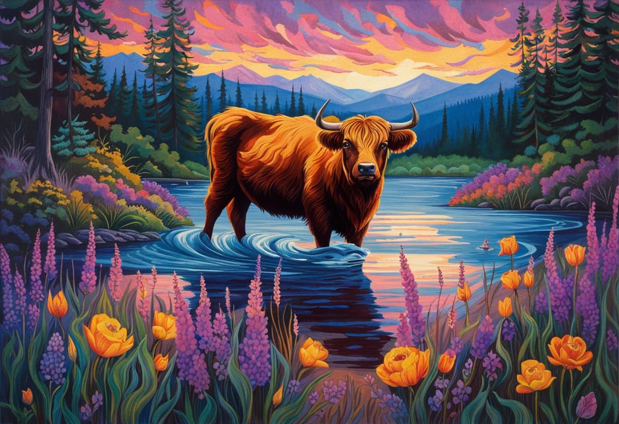 Cute Highland Cow Going For A Dip To Cool Off, Surrounded By Flowers 