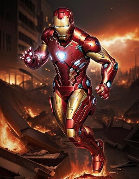 iron man runs through the flames of a destroyed city Close up portrait ...