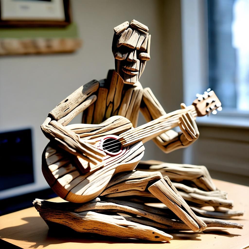 Guitarist made of driftwood.