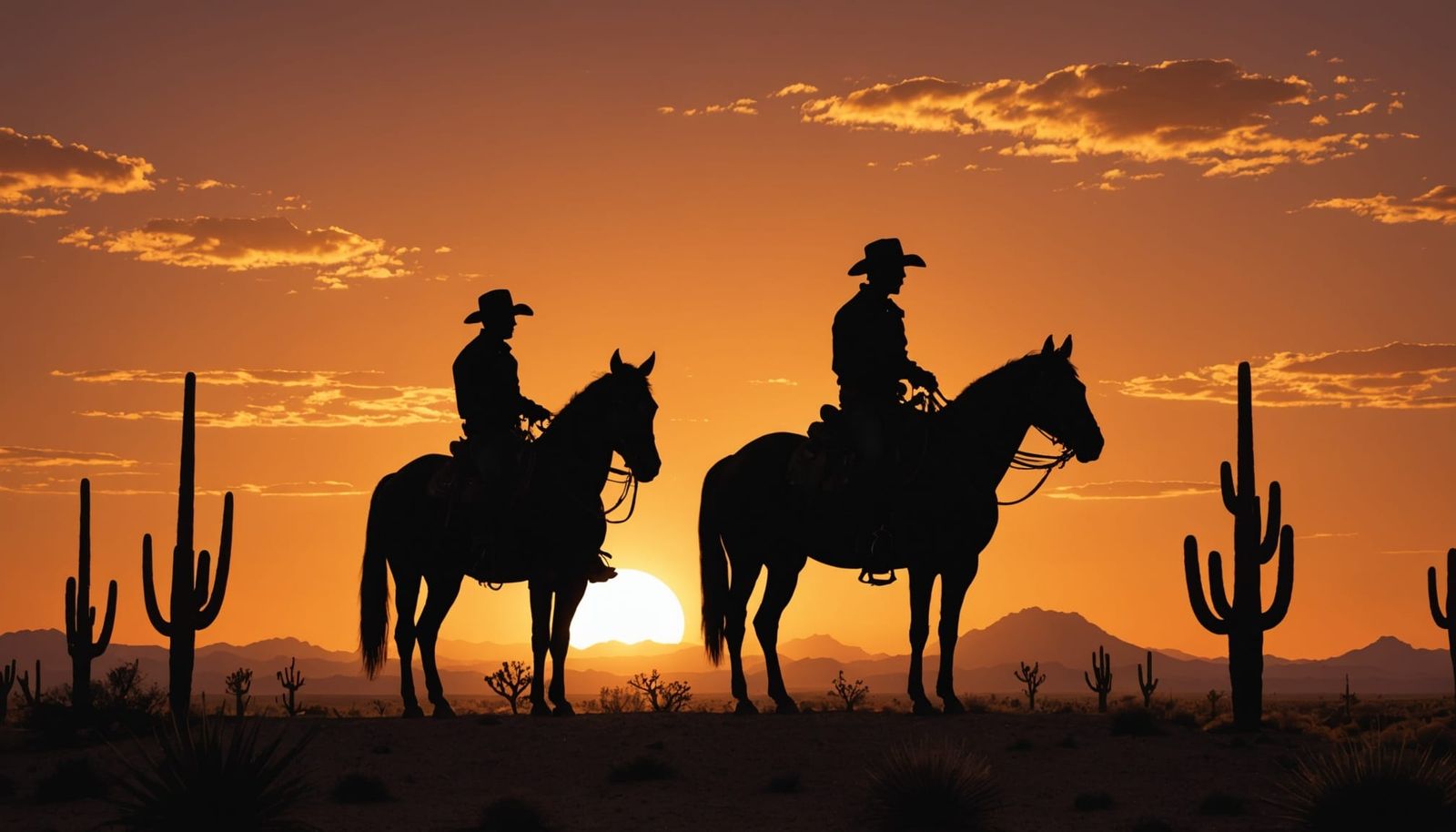A lone cowboy, (silhouette:1.3), (riding a horse:1.2), against a vivid orange sunset, wearing a hat, ...  by @Slappy