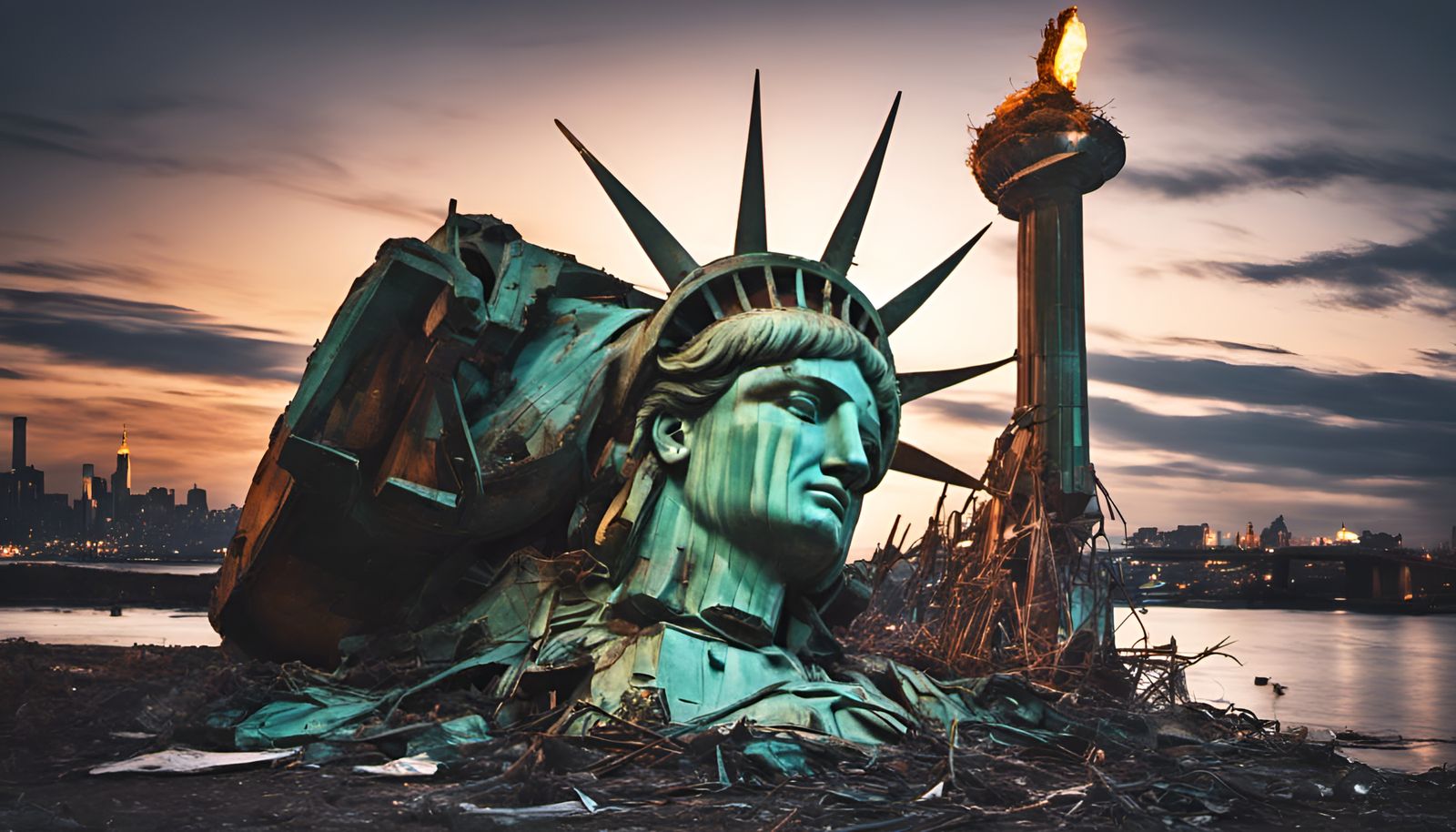 A fallen, damaged, rusty and abandoned post-apocalyptic Statue of Liberty, photorealistic, HDR, high ...  by @Brooky