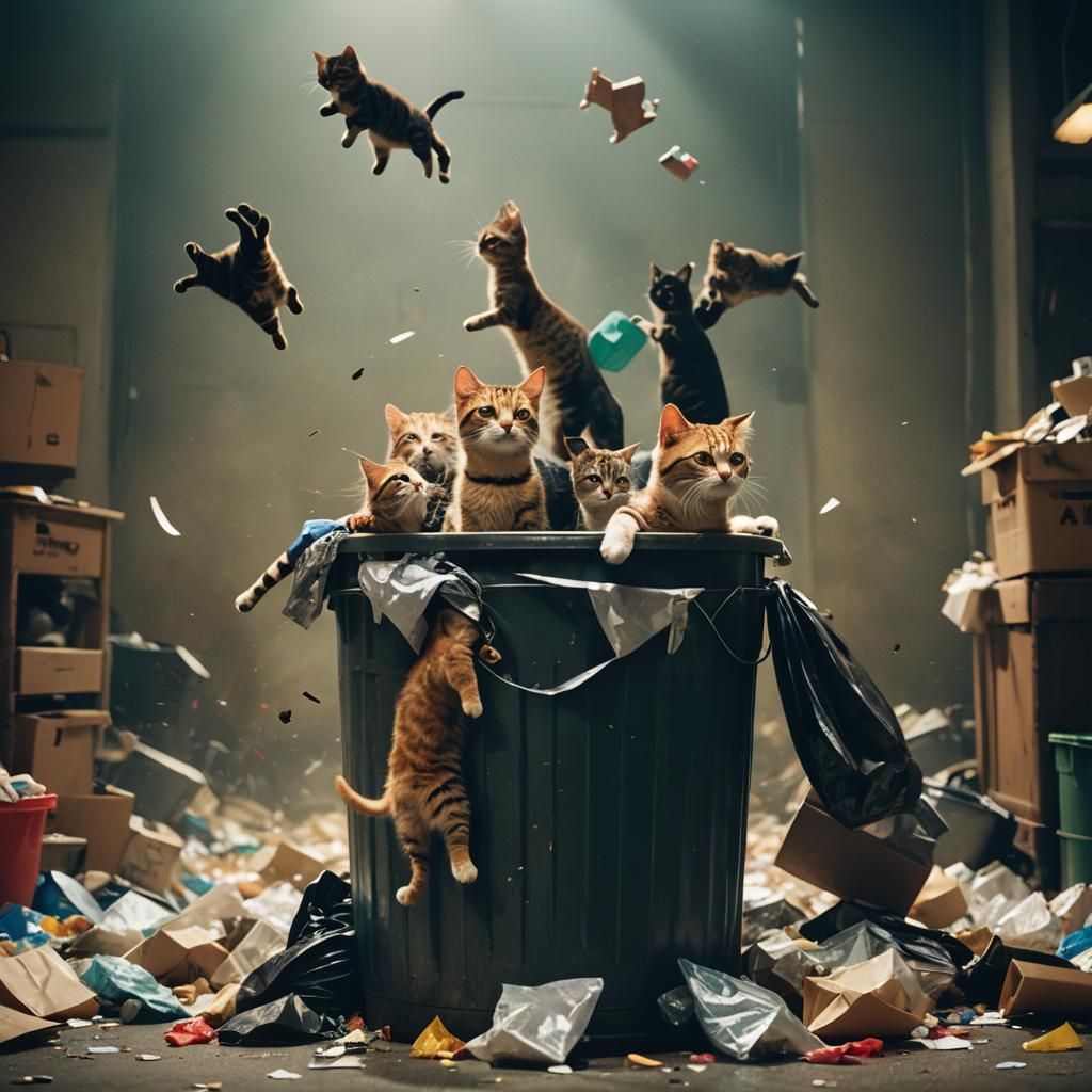 Cats Dancing in Trash Can: Cinematic Film Still