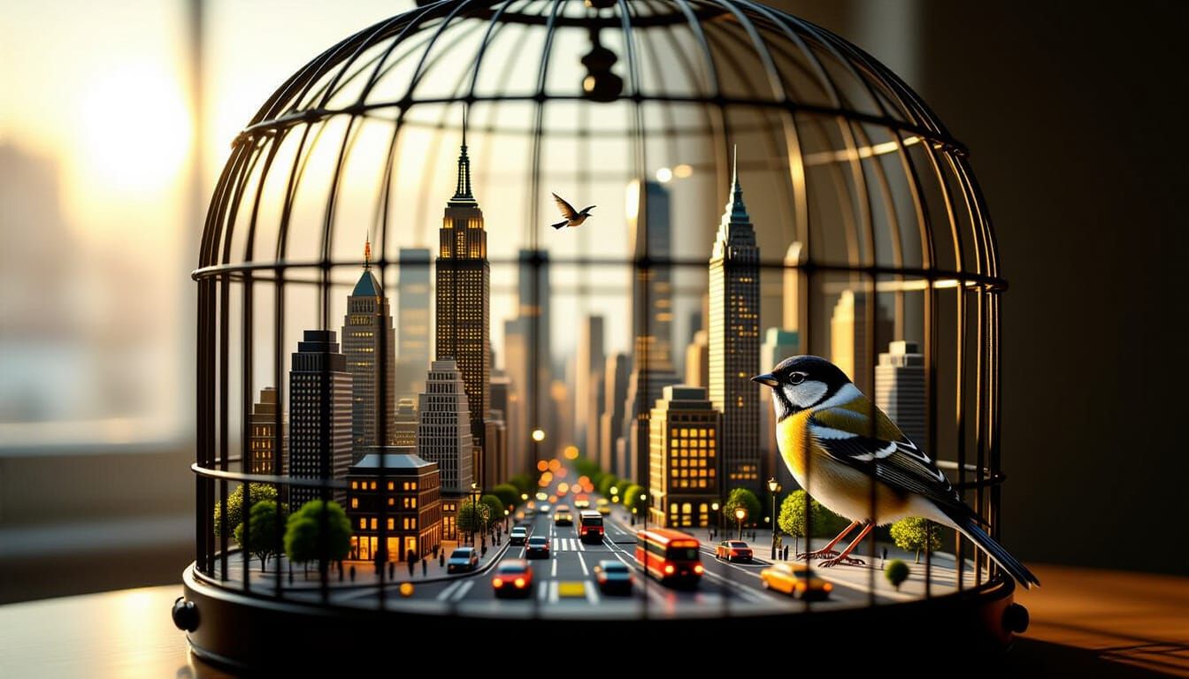 a miniature metropolis is built inside a birdcage, complete with tiny skyscrapers, bustling streets, ...  by @Matthew Convento