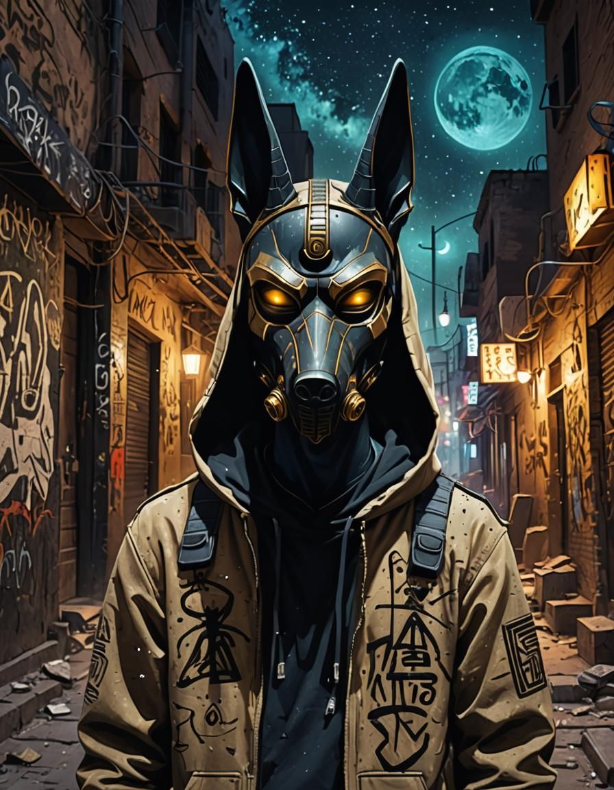 Anubis as Egyptian street artist, jackal-head gas mask, hier...