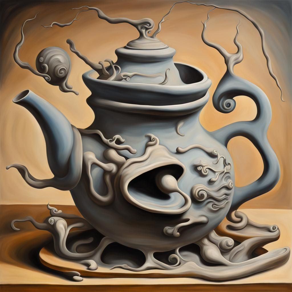 Hyperdetailed Eccentric Clay Pottery surrealism Salvador Dali teapot matte background on canvas  by @PeteArtwork