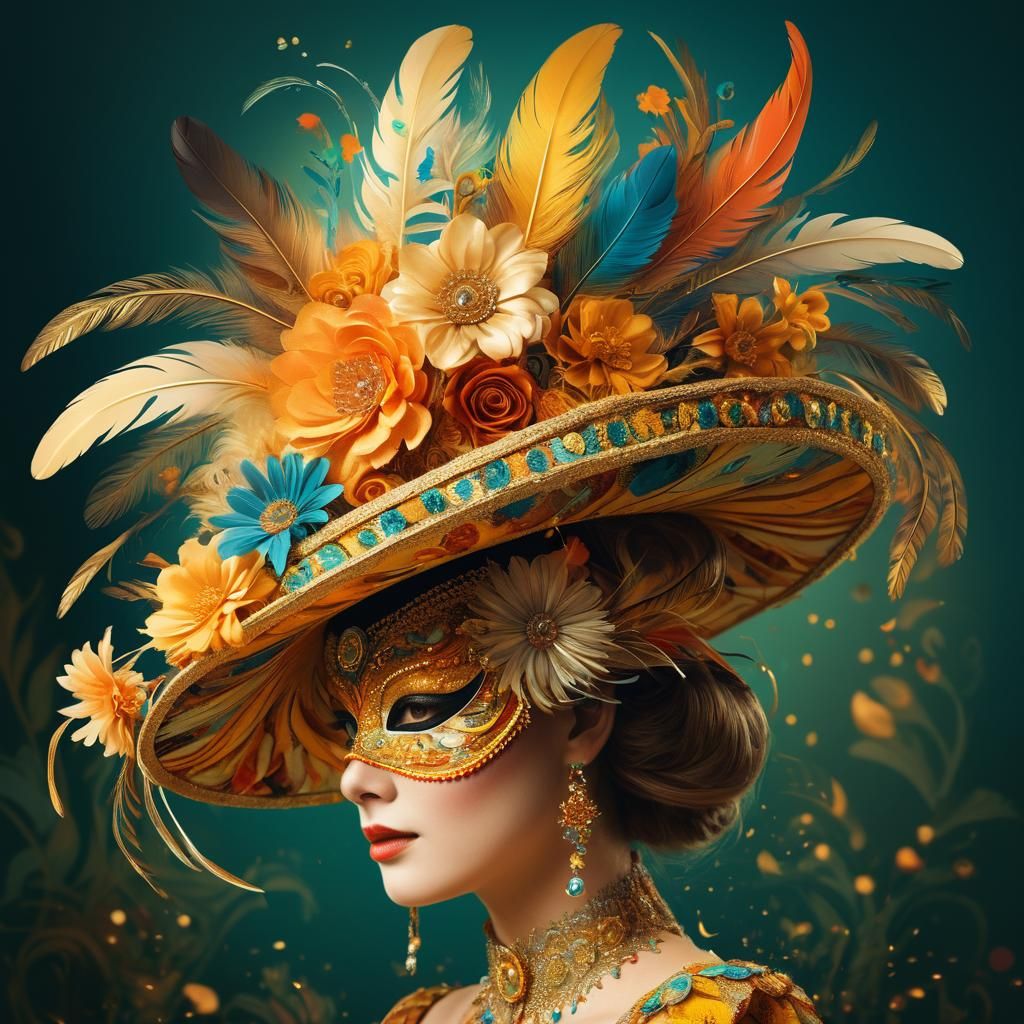 A person wearing a unique, elaborate hat adorned with feathers and flowers.