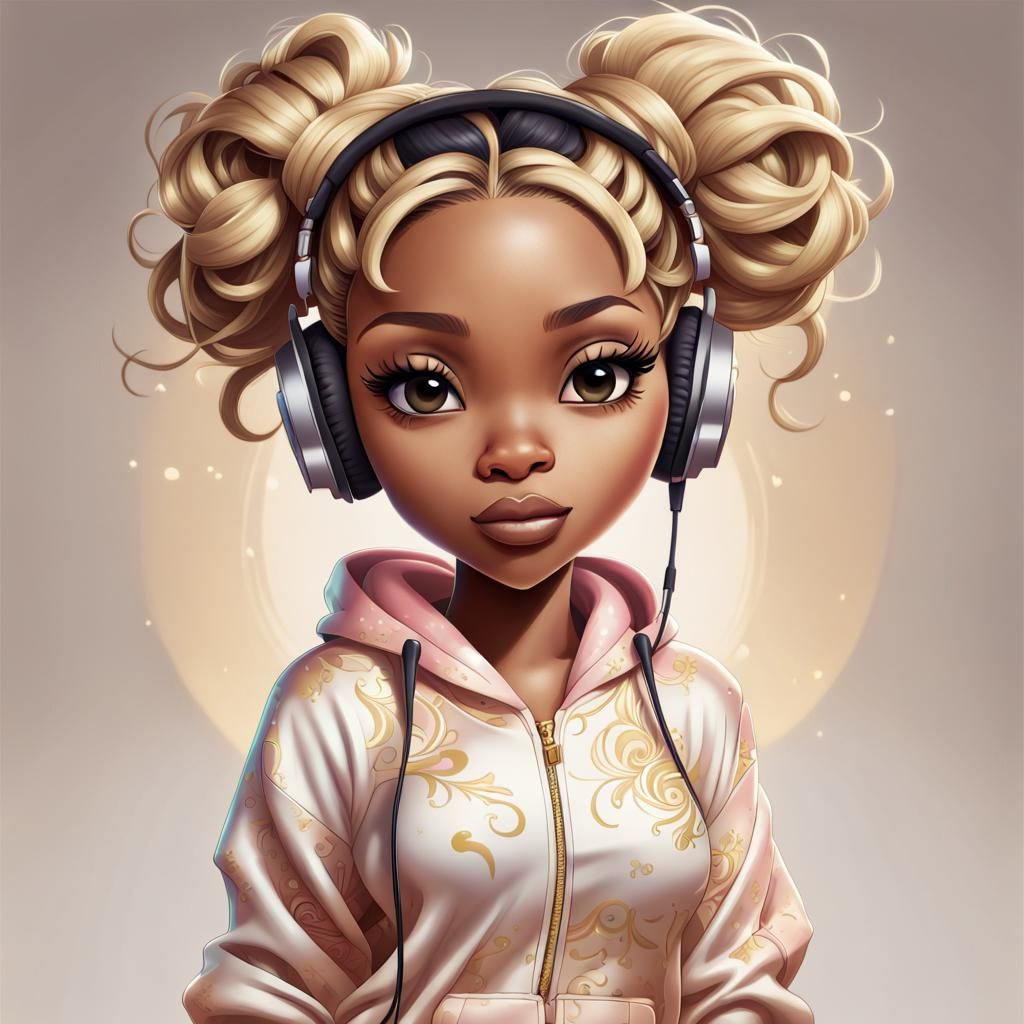 airbrush illustration of a light skinned black woman, full body,chibi style, one messy bun with