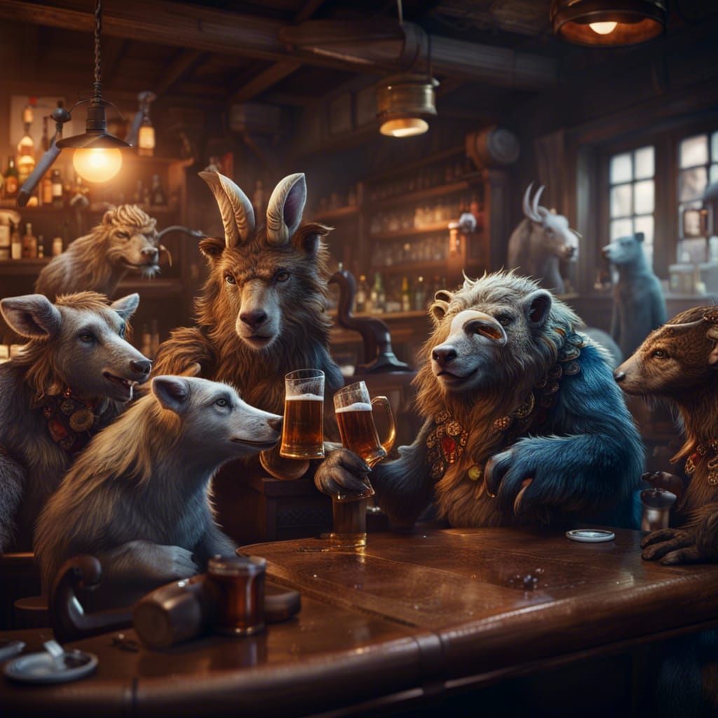 Animals getting drunk in a bar  by @Tiggy