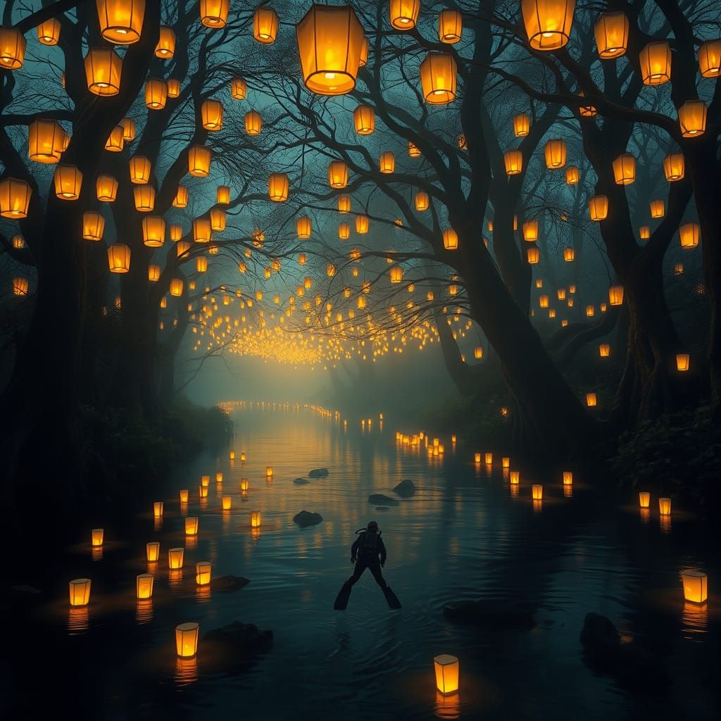 A serene river flows through a mystical forest at twilight, its surface dotted with hundreds of glowing paper lanterns. The lanterns cast a ...
