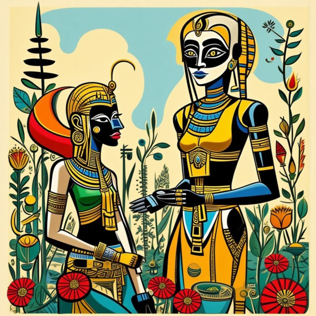 <lora:EGYPTIAN GOLD:1.0> Cute robots in a flower garden