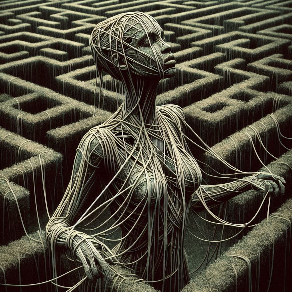 A surreal image of a woman constructed from strings in a hedge maze. The artwork features muted colors and distorted for...
